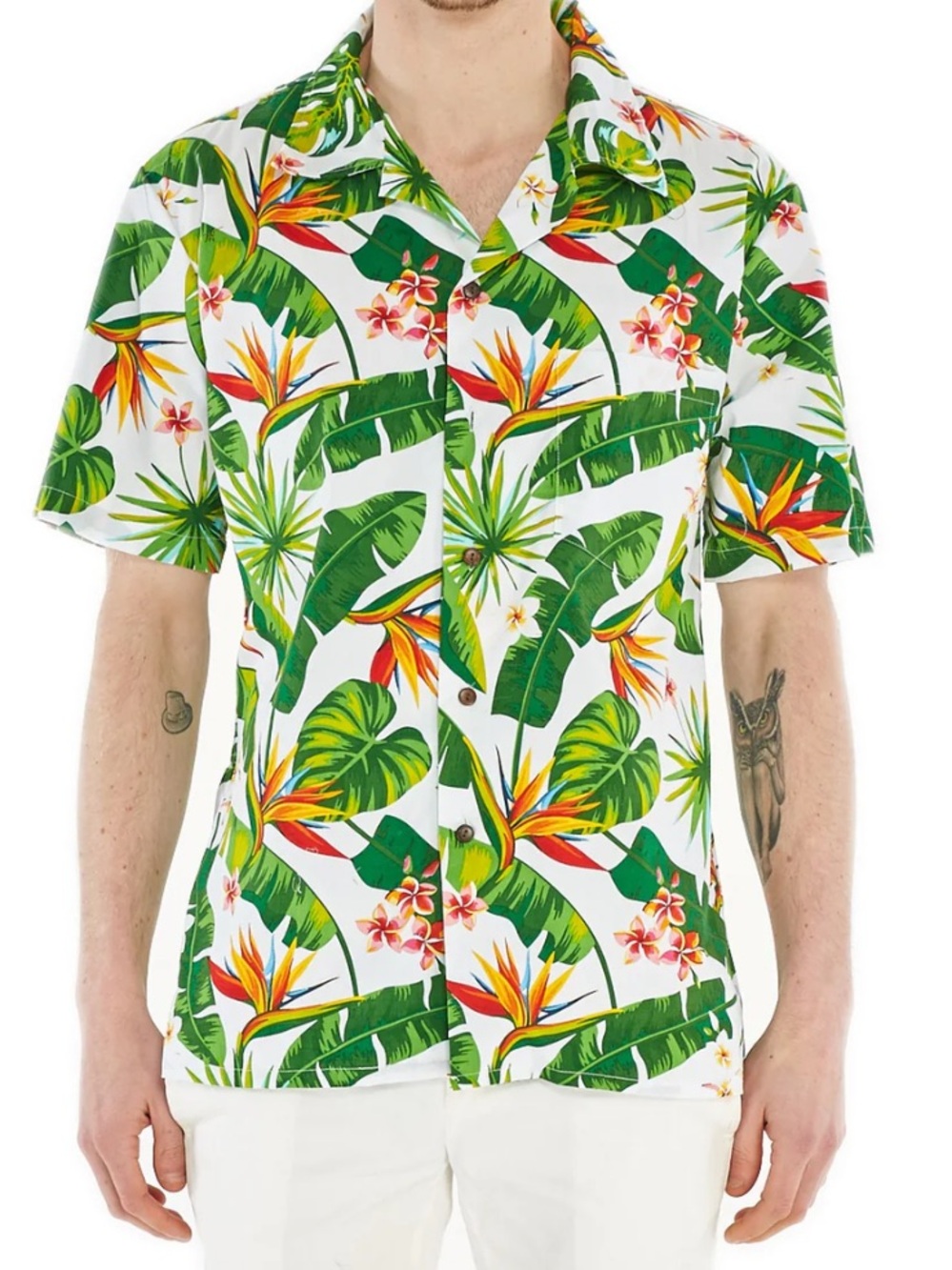 Tropical Leaf & Bird of Paradise Short-Sleeve Button-Down Shirt - Green/White